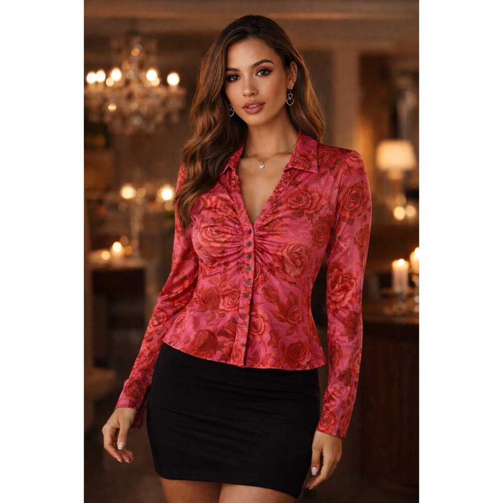 NWT Y2K Pink Rose Floral Ruched Peplum Blouse Coquette L 🌹 - Picture 7 of 7